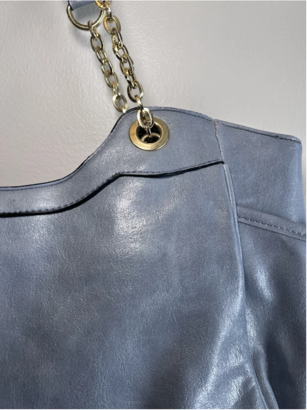 Baby Blue Faux Leather Handbag Purse Shoulder Tote Gold Tone Chain Links